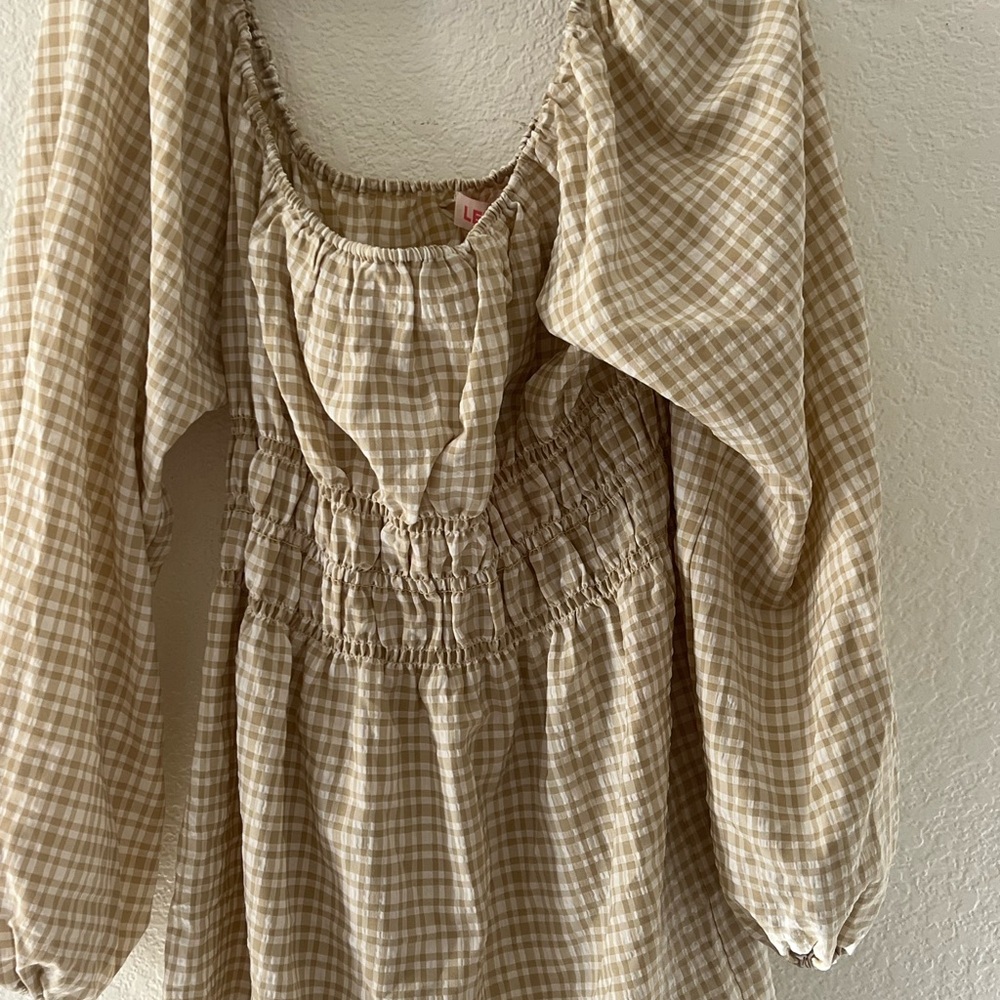 Leyden cream white Gingham Smocked Mini long sleeve Dress women’s XL - Picture 6 of 11
